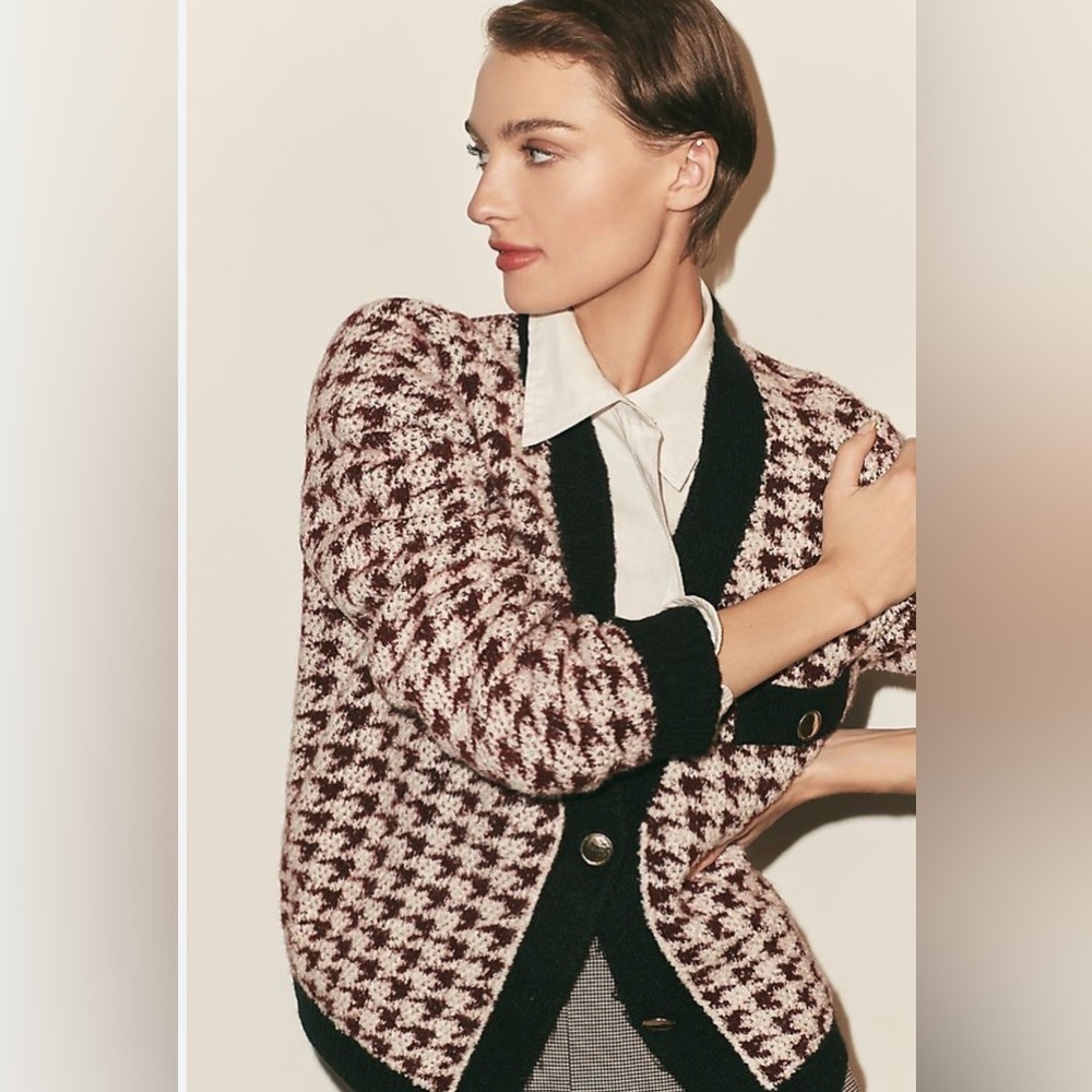 Anthropologie Maeve Chunky Soft Knit Houndstooth Cardigan Gold Hardware Size S
